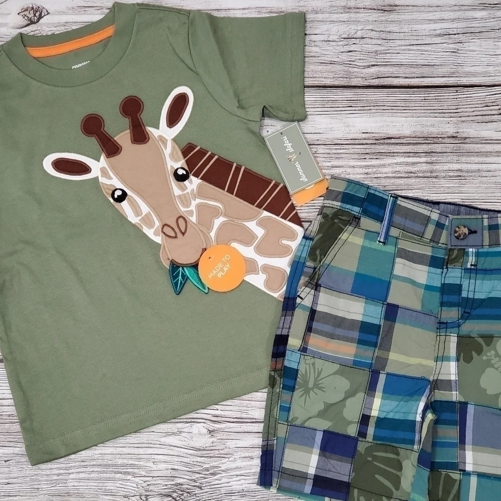 NEW Gymboree Summer Safari Embroidered T-Shirts, Patchwork Shorts, & Cap Bundle